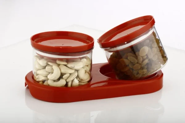 2 pcs of plastic airtight container with lid and tray red color on white background