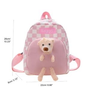 Dimension of pink color check print school backpack on white background