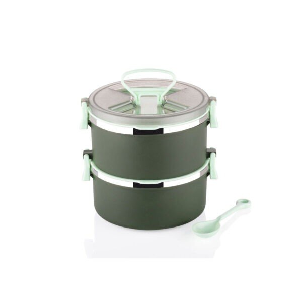 Green color double layer lunch box with spoon on white background