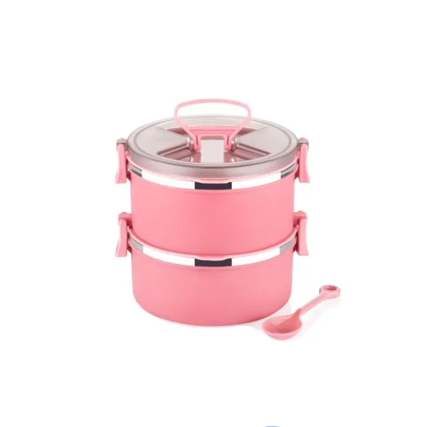 Pink color double layer microwave safe lunch box on white background