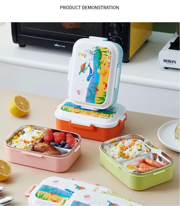 Partition insulated lunch box assorted colors with ocean print on table filled with food