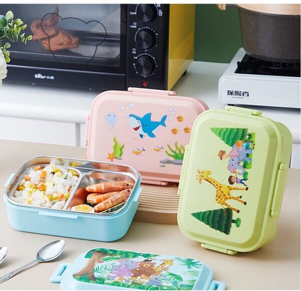Animal print assorted color insulated partition lunch box on table