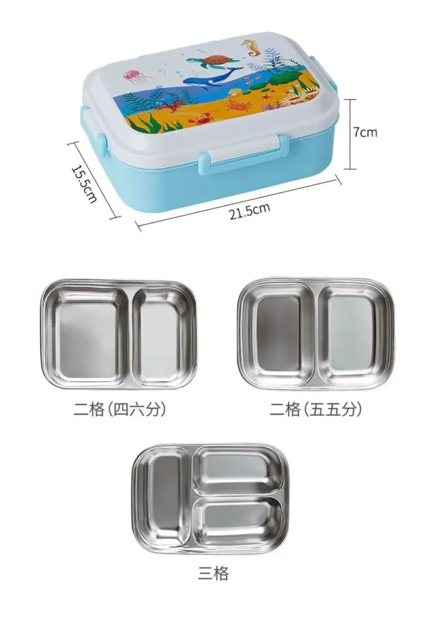 Showing partitions of steel insulated lunch box on white background with dimensions
