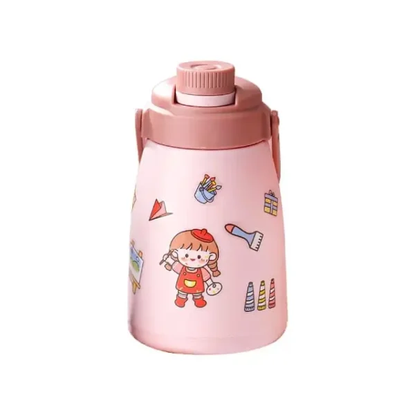 Pink color glass bottle with kawaii stickers on white background