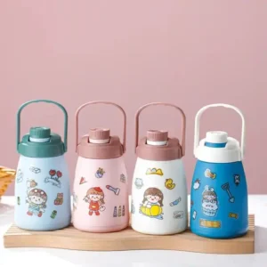 Assorted color glass water bottle with kawaii sticker on decorative background