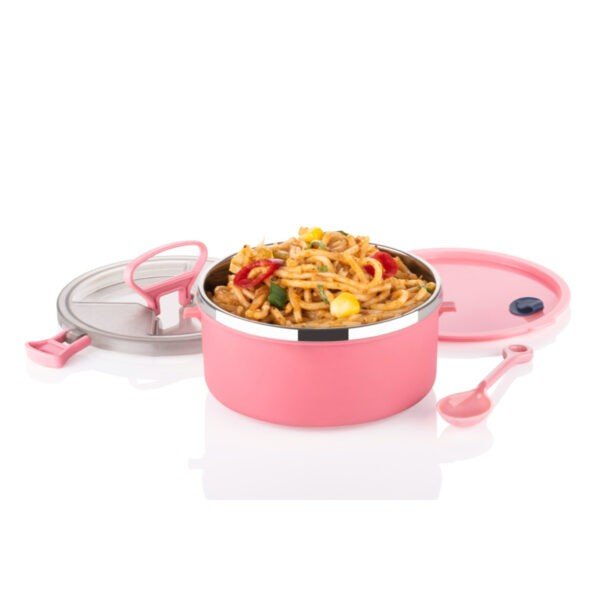 Pink color single layer lunch box filled with food with its spoon and lid on white background