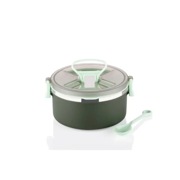 Green color microwave safe lunch box on white background with spoon
