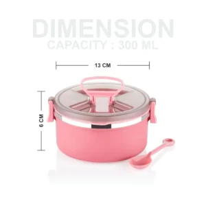 Dimensions of single layer lunch box having capacity of 300 ml on white background