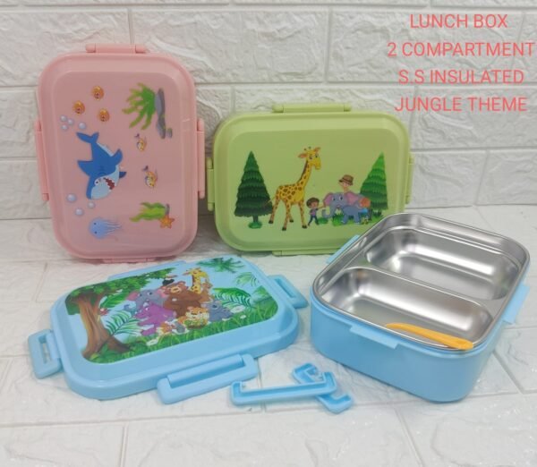 Live image of insulated steel lunch box with partition, 2 extra locks and spoon showing available colors on white decorative background