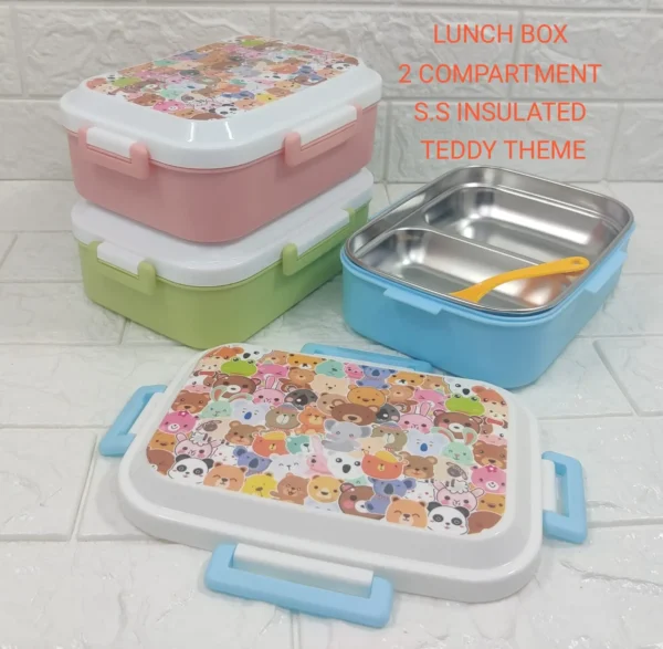 Live image of insulated steel lunch box with teddy print showing available colors on white decorative background