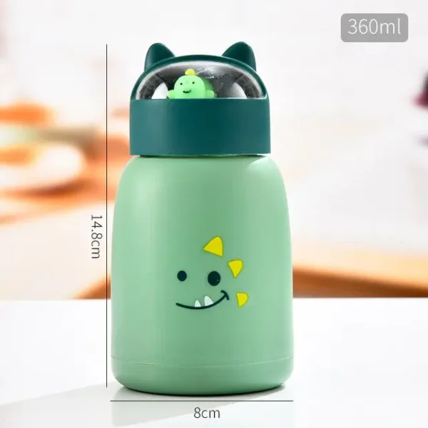 Dimension of green color printed kids glass water bottle on decorative background