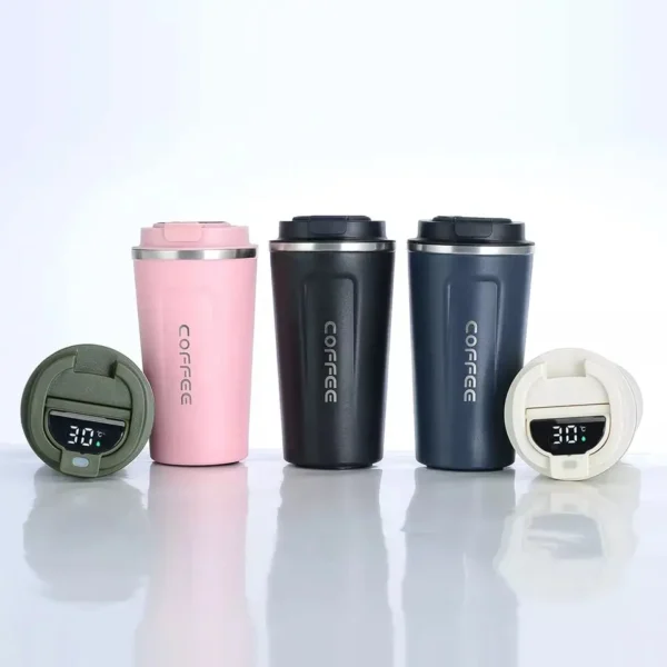 5 Pcs of insulated coffee mug with temperature display on white background
