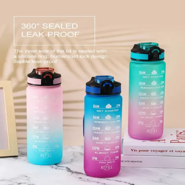 Features of motivational plastic water bottle on decorative background