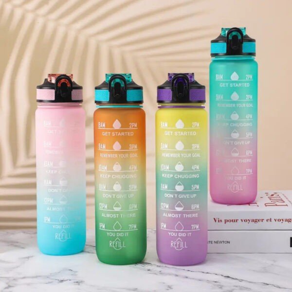 motivational water bottle having dual shade assorted color on decorative background