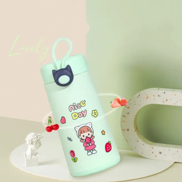 Printed glass water bottle for kids on decorative background