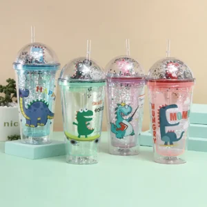 Assorted colors sippers with straw and glitter print podium on decorative background