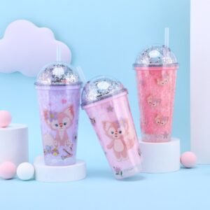 Cat printed gel sipper with straw and glitter lid on colorful background