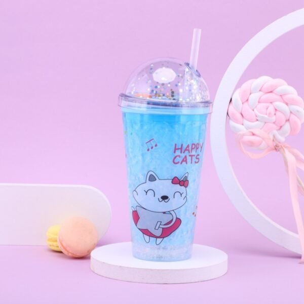 Blue color gel sipper with glitter lid and straw on colorful background