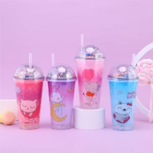 Assorted color sipper with glitter lid and straw on decorative background