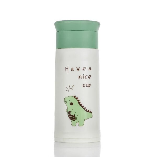 Glass tumbler for kids with green color round opening cap dino printed on outer plastic layer on white background