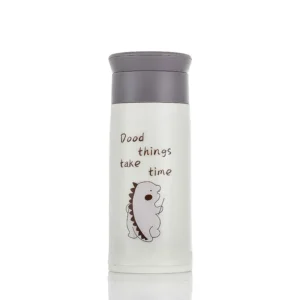 Glass bottle with grey color round opening cap dino printed on white background