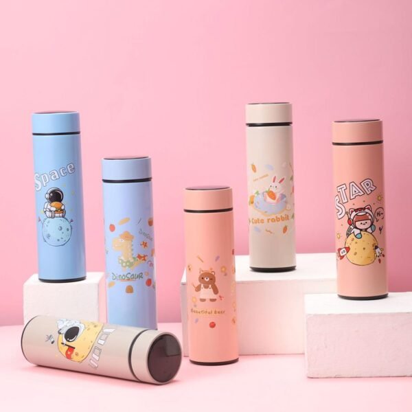 Assorted color space print water botte with smart LED temperature display on decorative background
