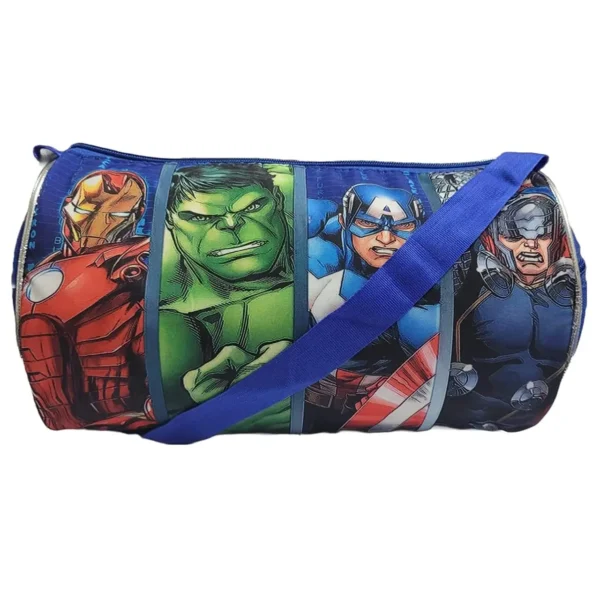 Avengers printed blue color kids duffle bag on white background