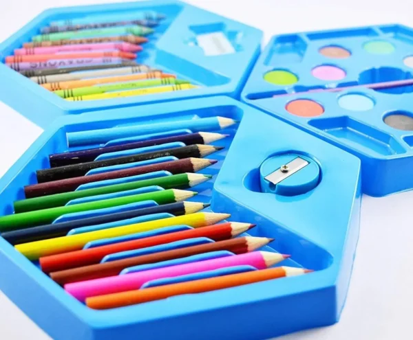 Showing pencil colors of hexagon shaped box packing coloring kit