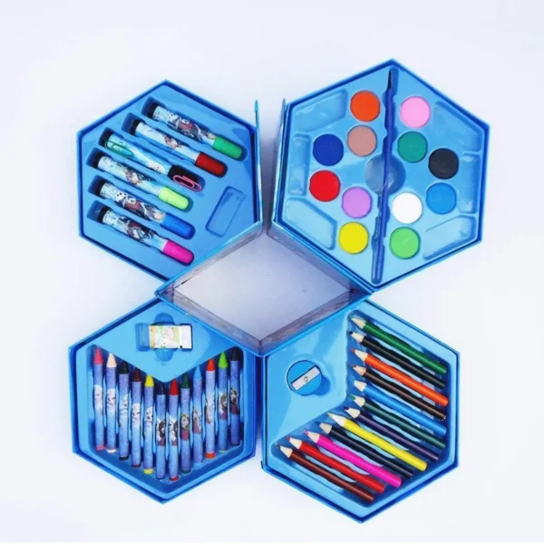Showing water color, sketch pens, crayons pencil colors of 46 pc hexagon coloring kit on white background