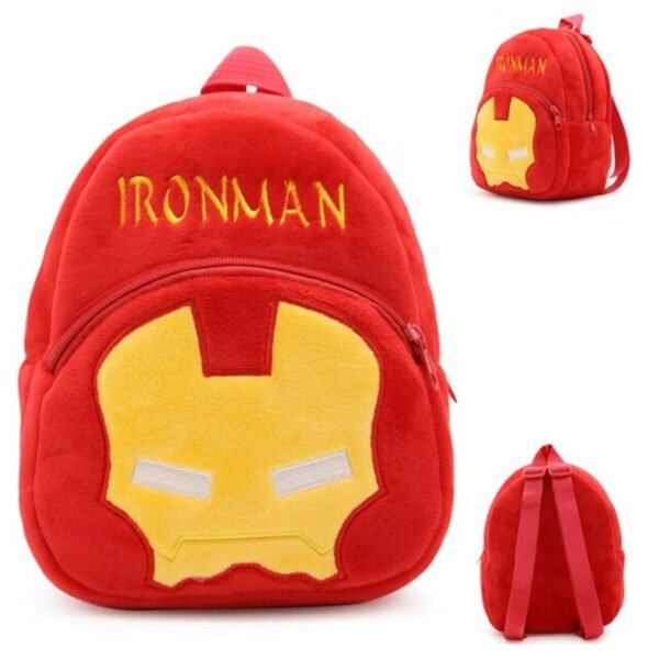 School backpack multi color ironman printed showing it's features also on white background