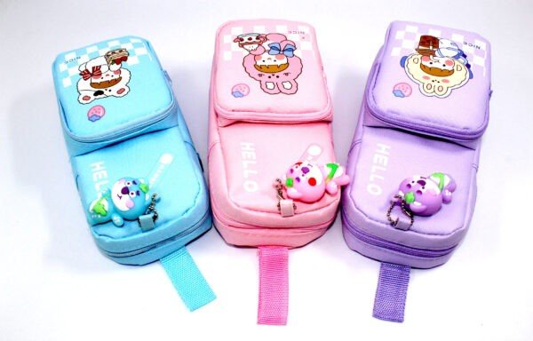 cartoon printed pencil pouch different colos on white background.