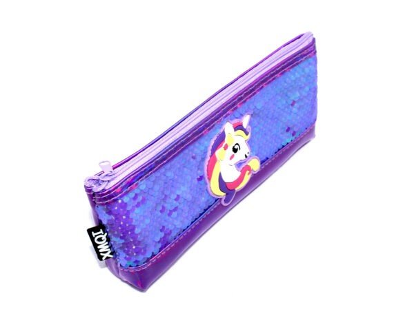 showing side area unicorn glitter pencil pouch blue color on white background