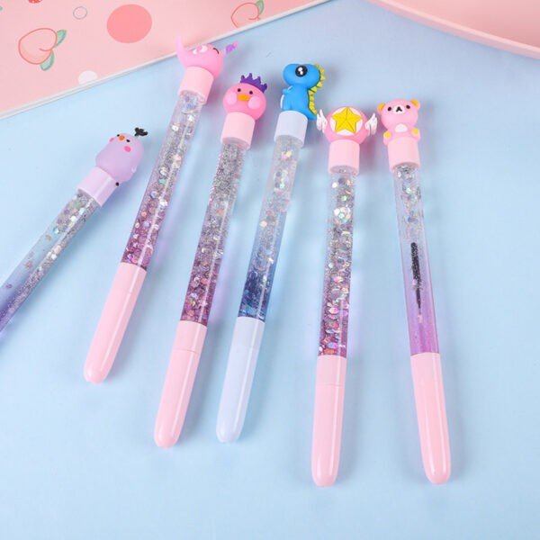 glitter pen with character head different colors on decorative background