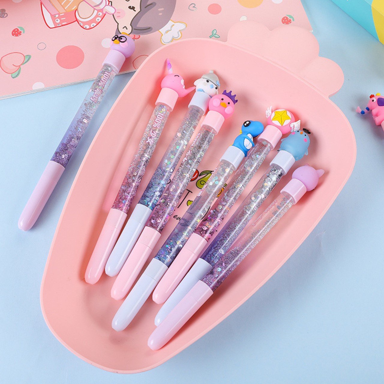 Glitter Pen With Cute Character Head | 12 Pcs Set | Assorted Character Head  & Colors | Blister Box Packing