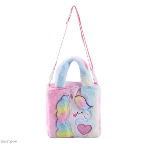 unicorn sling bag with handle showing strap on white background