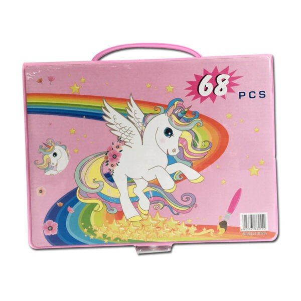 Case packing of o68 pcs coloring kit having unicorn print o it in pink color on white background