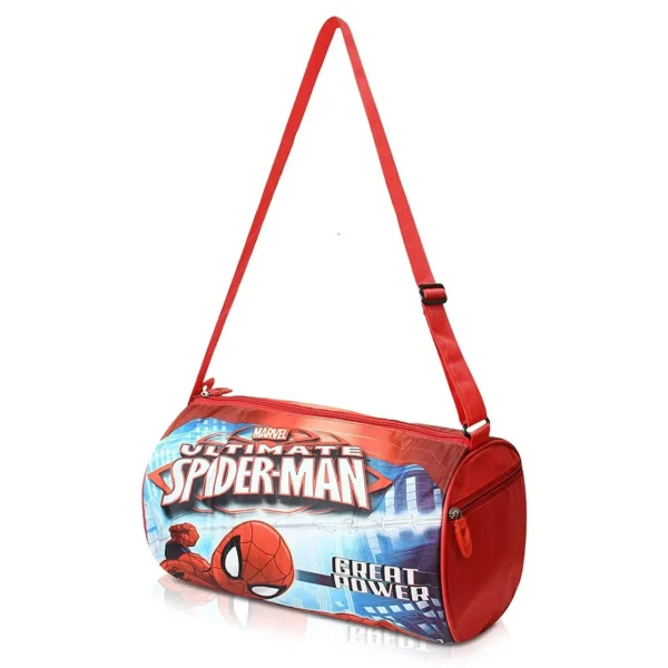 Shoulder strap of red color Spiderman printed kids duffle bag on white background