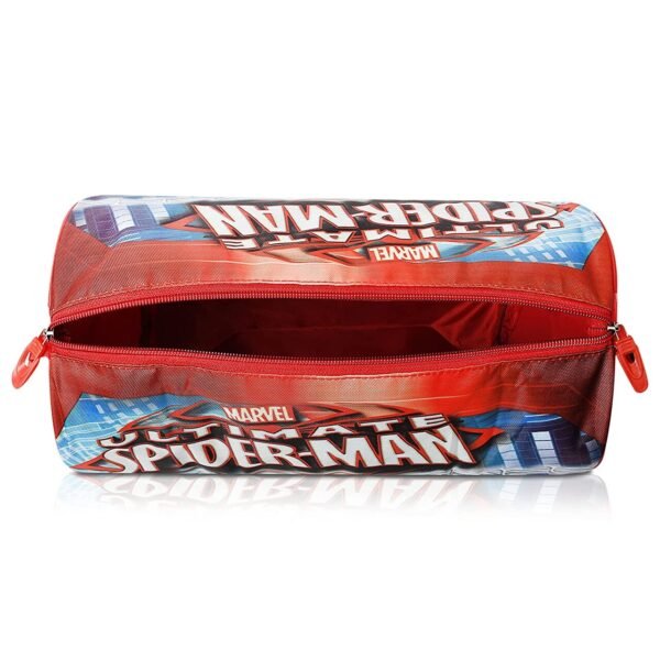 Showing inner view of kids duffle bag on white background red color spiderman printed