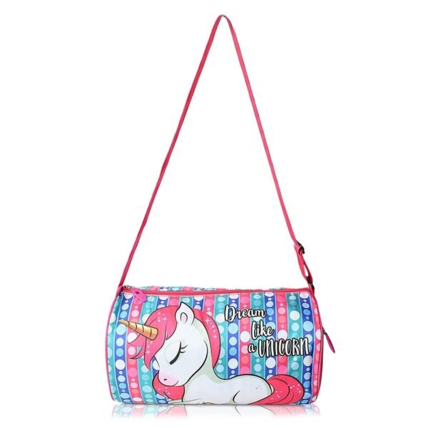 Unicorn printed pink color kids sports duffle bag on white background