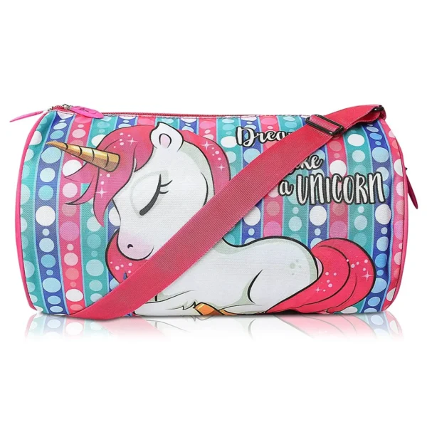 Unicorn print pink color kids duffle bag on white background