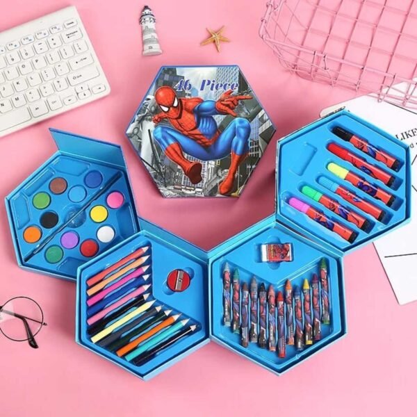 46 pcs coloring kit set for kids on decorative background with spiderman printed hexagon box packing