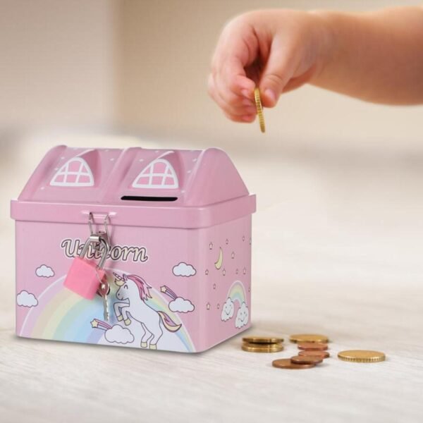 kids deposting coin in pink color piggy bank on decorative background