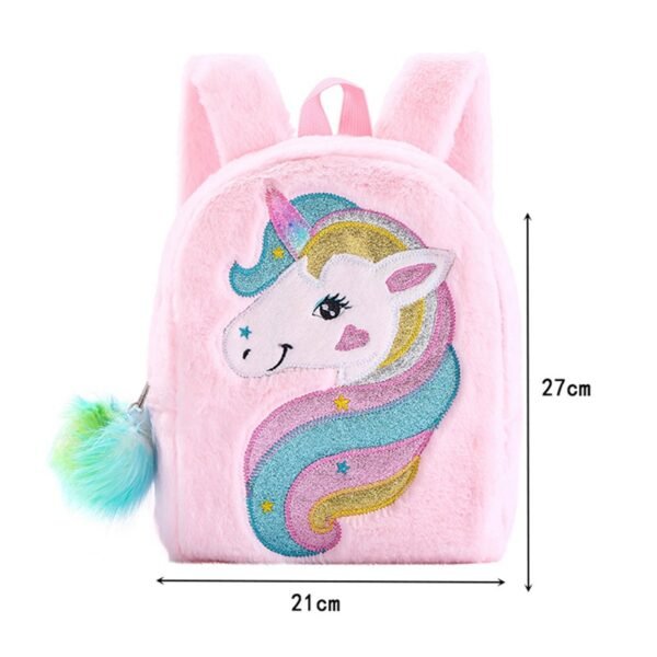 Showing dimensions of pink color unicorn print fur kids backpack on white background