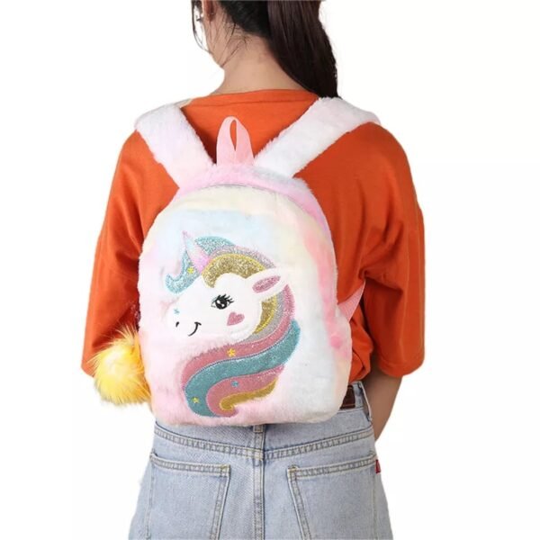 unicorn kids backpacks multi colors girl hanging on shoulder on white background