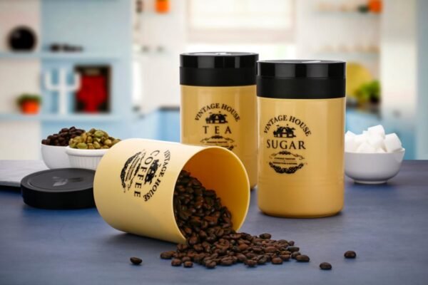 plastic tea coffee sugar canister showing some feature yellow color on decorative background