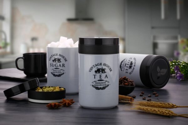 plastic tea coffee sugar canister showing some feature brown on decorative background