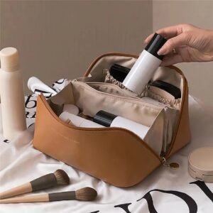 Showing some feature make-up pouch heavy brown color on decorative background