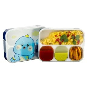 4 compartment plastic lunch box showing compartment with food blue color on white background