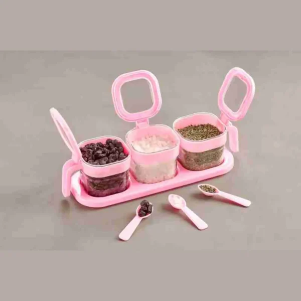 3pcs spice jar set with spoon and tray pink color showing some feature on white background