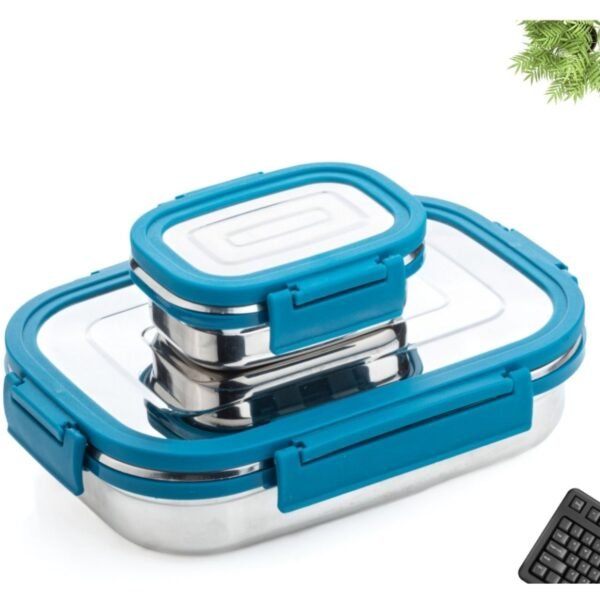 stainless steel lunch box with small container with white background